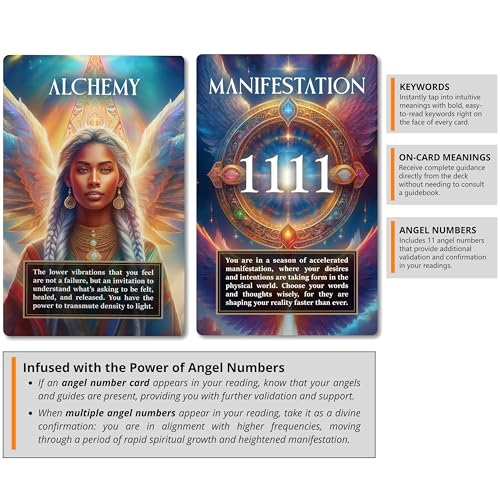 Angel Signs: A Divine Guidance Oracle with Angel Numbers by River Aether - Deck of 66 Inspirational Angelic Tarot Oracle Cards with Keywords and Meanings on Them
