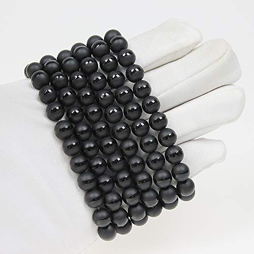 MJDCB Featured Men Women 8mm Beads Bracelet Elastic Natural Stone Yoga Bracelet Bangle 6.7" - color: White Line Matte Black Agate
