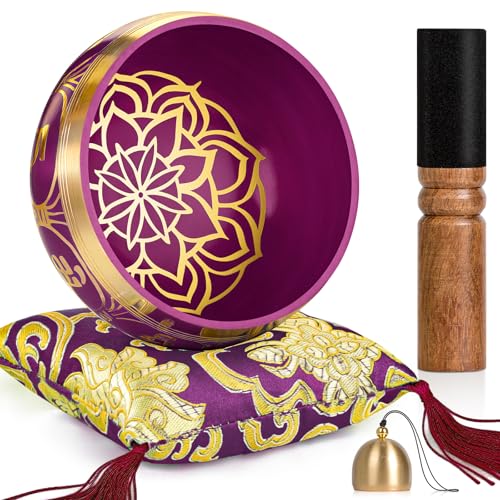 Tibetan Singing Bowls – Hand-Hammered in Nepal, Authentic Meditation Sound Bowls for Yoga, Chakra Healing, Mindfulness & Spiritual Self-Care Gifts for Women - color: Red(Lotus)