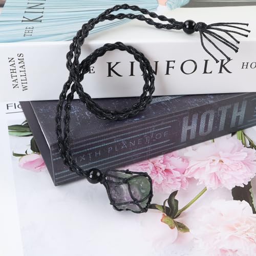Natural unprocessed crystal raw stone hand woven rope adjustable necklace pendant for both men and women - color: A-Fluorite 1