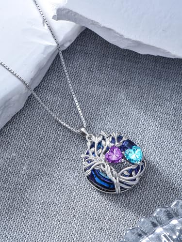 TOUPOP s925 Sterling Silver Family Celtic Tree of Life Pendant Necklaces with 2 Heart Birthstone with Blue Austrian Crystal Jewelry Birthday Valentines Day Gifts for Her, Anniversary Christmas Gifts for Wife Girlfriend Mom (18K Real White Gold Filled) - c
