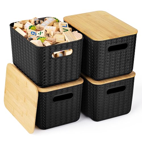Ohmlove 4 Packs Storage Bins with Bamboo Lids - Plastic Storage Containers with Lids Stackable Storage Box: Storages Baskets for Organizing Desktop Closet Playroom Classroom Office, Black - color: Black