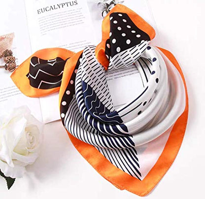 ANDANTINO 100% Mulberry Silk Scarf -21” Lightweight Square Neckerchief – Breathable Digital Printed Scarves with Gift Packed - color: Black& Orange Geometric