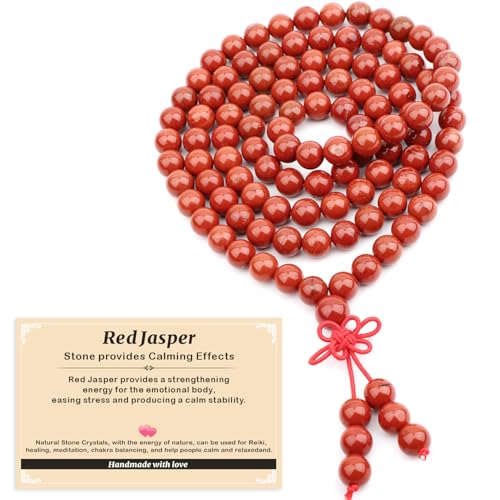 AD Beads 6mm 8mm 108 Prayer Mala Jasper Elastic Bracelet - Handmade Yoga Meditation Healing Power Energy Gifts for Unisex Adult. - color: Red Jasper(Calming)