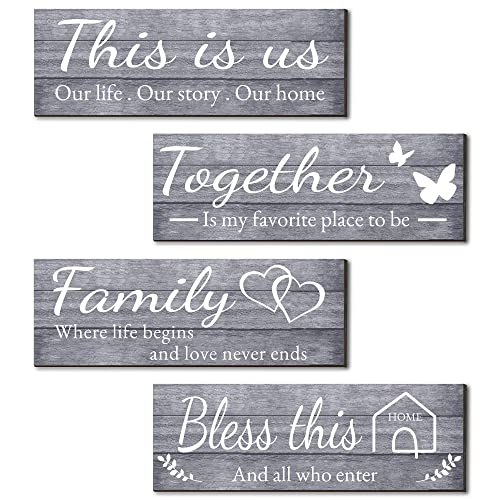 Joyhawk 4 Pieces Wall Decor Signs, THIS IS US, TOGETHER, BLESS THIS HOME, FAMILY Rustic Wooden Farmhouse Wall Art Décor For Living Room Bedroom Kitchen, , 4.7 x 13.8 Inch(Grey) - color: White Grey This is US
