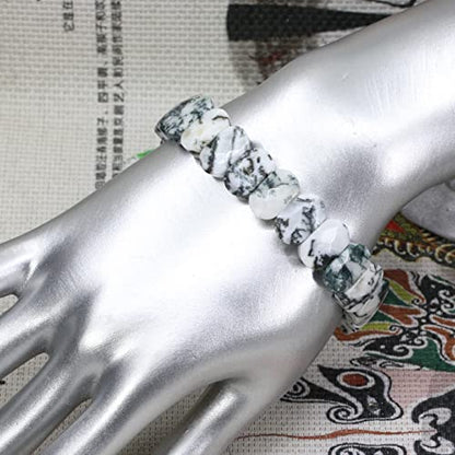 Keleny Semi Precious Stones 14mm Faceted Oval Beads Crystal Rock Elastic Bangle 7.5 Inch - color: Green White Tree Agate