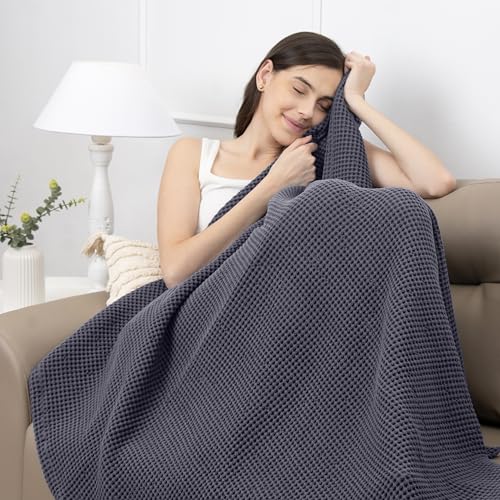 Throw Blanket for Couch, 100% Cotton Soft Lightweight Breathable Summer Blanket Throws, Waffle Weave Throw Size Bed Blanket: Grey (50"x60") - color: Grey, size: Throw (50" x 60")