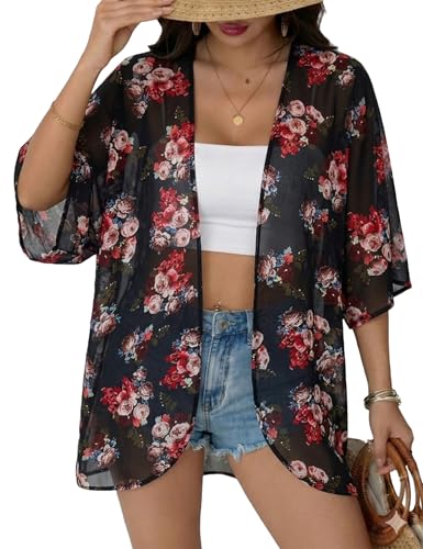 Chunoy Women Floral Beach Wear Cover Up Chiffon Kimono Cardigan Open Front Blouse Top - color: D2007 Black, size: Large
