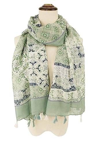 YOUR SMILE Large Boho Scarf for Women Lightweight Floral Printed Scarves Fall Winter Fashion Fringed Shawl wraps - color: 02 Light Green