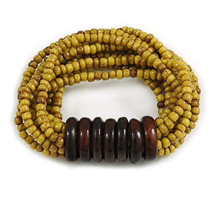 Avalaya Multistrand Dusty Yellow Glass Bead with Wooden Rings Flex Bracelet - Medium