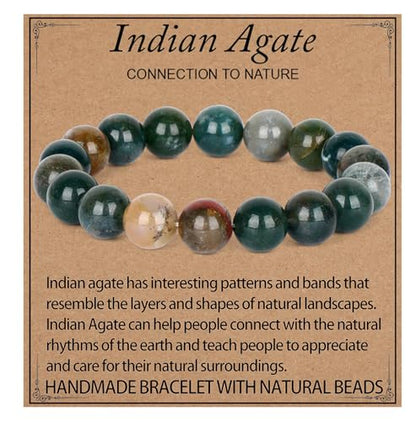 LPBeads Handmade Natural Gemstone Stretch Elastic Bracelet Healing Crystal Round Stone Beads Jewelry Gifts for Women Men - color: Indian Agate, size: 10mm