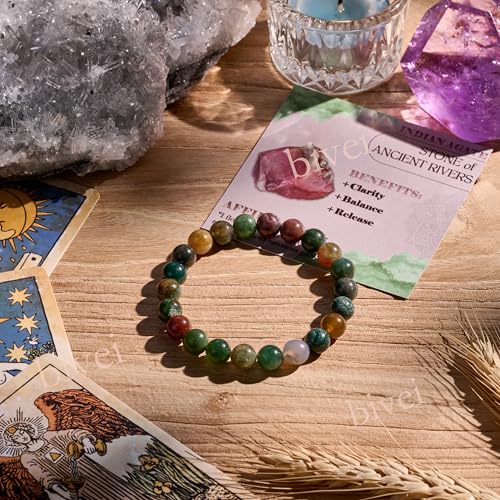 Bivei 8mm Beaded Bracelets for Women Handmade Semi Precious Natural Stone Stretch Elastic Jewelry Yoga Protection Gifts - color: Indian Agate-Ancient Calm, size: Medium 6.8-7.3 inch