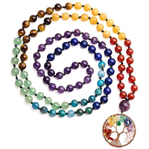 Bivei 108 Mala Beads Necklace Life Tree 7 Chakra Wrap Bracelet Real Healing Gemstone Yoga Meditation Hand Knotted Mala Prayer Bead Necklace - color: 7 Chakras Stone, size: 8mm