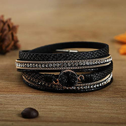 Fesciory Leather Wrap Bracelets for Women, Boho Leopard Multi-Layer Crystal Beads Cuff Bracelet Jewelry - color: Black Stone1