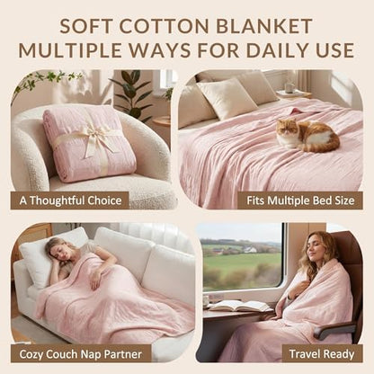Exclusivo Mezcla 100% Cotton Muslin Throw Blanket for Couch, 4-Layer Moisture-Wicking and Breathable Ultra Soft Gauze Blanket for Spring Summer, 50"x60", Pink