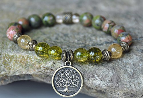 Tree of Life Unakite Gemstone Bracelet, Peridot Mala Bracelet, Citrine prosperity Bracelet,Buddhist Bracelet,Boho Zen Bracelet, Reiki meditation