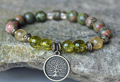 Tree of Life Unakite Gemstone Bracelet, Peridot Mala Bracelet, Citrine prosperity Bracelet,Buddhist Bracelet,Boho Zen Bracelet, Reiki meditation