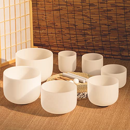KVKA 6-12 Inch 440hz Crystal Singing Bowls Set of 7pcs White with Carrying Cases, Meditation,Yoga