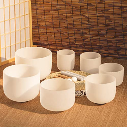 KVKA 6-12 Inch 440hz Crystal Singing Bowls Set of 7pcs White with Carrying Cases, Meditation,Yoga