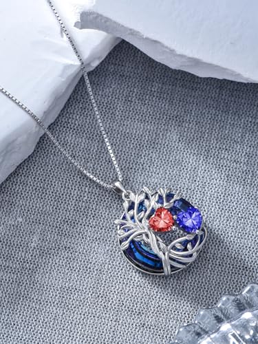 TOUPOP s925 Sterling Silver Family Celtic Tree of Life Pendant Necklaces with 2 Heart Birthstone with Blue Austrian Crystal Jewelry Birthday Valentines Day Gifts for Her, Anniversary Christmas Gifts for Wife Girlfriend Mom (18K Real White Gold Filled) - c