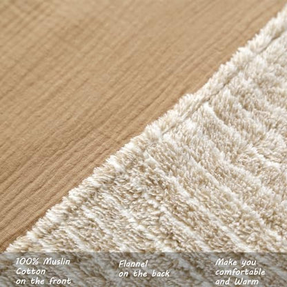 Muslin Cotton Throw Blanket with Flannel for Bed,Super Soft Muslin Blanket with Cozy Flannel for Adults 55 * 72inches,Coffee - color: Coffee