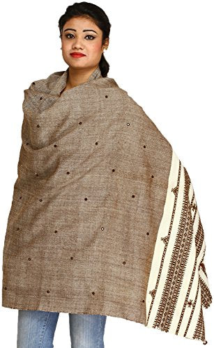 Exotic India Shawl from Kutch with Embroidered Mirrors - Pure Wool - color: Stucco Brown
