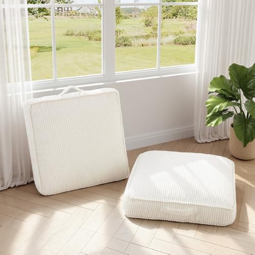 Floor Pillow for Adults Set of 2, 4" Square Floor Cushions with Washable Cover, Large Corduroy Meditation Pillow, 22 inches Tatami Seat with Handle for Living Room or Yoga, Beige - color: Beige, size: 22x22x4.2 inch