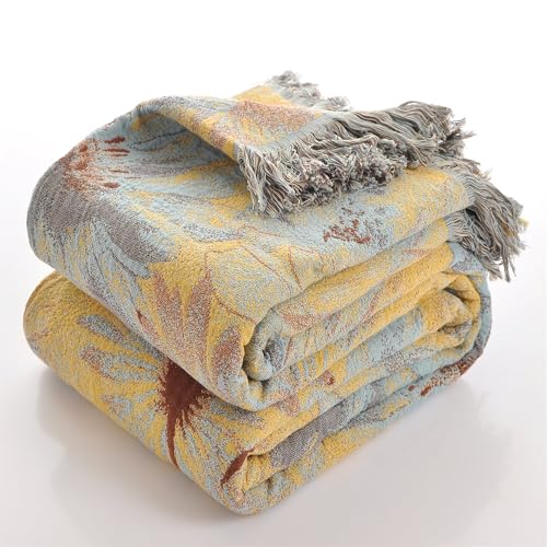 Boho Cotton Throw Blankets for Bed Couch, 100% Soft Cozy Cotton Blanket Rustic Quilt 60"x80", Reversible Muslin Farmhouse Blankets for Armchair,Picnic,Sofa,Couch - color: A-yellow Flowers, size: 60x80 Inch