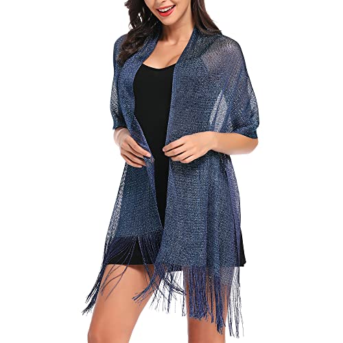 vimate Sparkling Metallic Shawls and Wraps for Evening Party/Wedding/Formal Dresses (With Free Buckle) - color: D1#. Navy Blue (With Navy Blue Buckle)