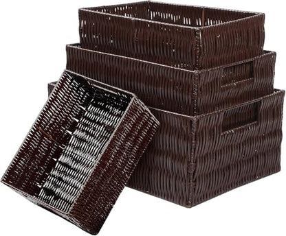 Elevon Plastic Wicker Basket Set of 4, Handmade Storage Basket for Organizing with Handles, Storage Bins for Home Kitchen Countertop, Shelf Organizer, Waterproof, Coffee