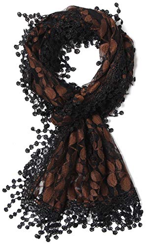 Cindy and Wendy Lightweight Soft Leaf Lace Fringes Scarf Bridal Veils shawl for Women - color: Gold/Black