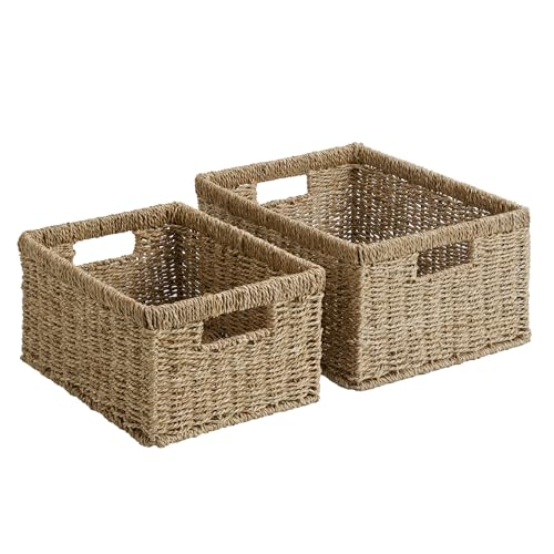 StorageWorks Wicker Storage Baskets, Handwoven Seagrass Basket for Organizing, Decorative Organizers with Built-in Handles, Set of 2 - color: Natural (Seagrass), size: 15"L x 11½"W x 7"H + 13"L x 9"W x 6¼"H