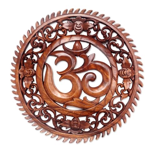 NOVICA Artisan Handcarved Wood Wall Relief Panel Om Motif from Bali Brown Indonesia Decor Panels Hinduism East Meets West Spiritual Religious Balinese Traditional Carvings [0.8in H x 15.75in Diam.]