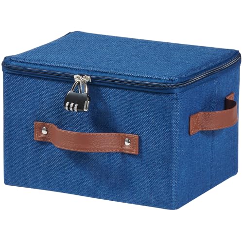 Storage Bins Boxes with Zipper Lid Combination Lock PU Leather Handles Cotton Linen Fabric Lidded Lockable Baskets Foldable Washable Closet Shelf Organizer Container (Deep Blue, Small) - color: Deep Blue, size: Small ( Set of 1 )