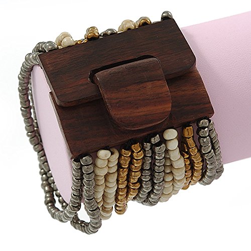 Avalaya Grey/Bronze/Antique White Glass Bead Multistrand Flex Bracelet With Wooden Closure - 19cm L