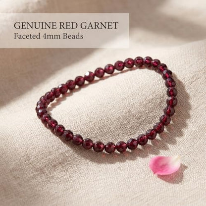 Angelstones Natural Gemstone Small Beaded Stretch Bracelet, 4mm Faceted Round Beads, Crystal Healing Bracelet for Women - color: Red Garnet