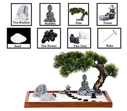 Zen Garden Kit - Mini Jardin Zen Garden for Desk with Buddha Shape Accessories, 14 x 10 inch