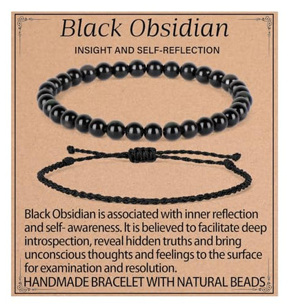 QOGIR 2pcs Handmade Healing Bracelet, Natural Gem Stone Crystal Elastic Bracelet - color: Black Obsidian(Self - Reflection), size: 6mm