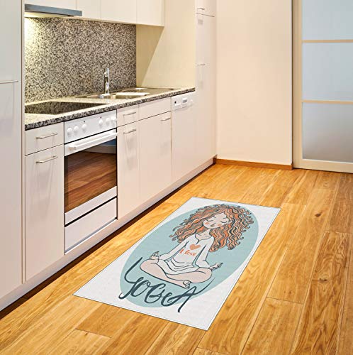 Ambesonne Yoga Area Rug, Woman Sitting on Lotus Pose Yoga Lettering Underneath Mindfulness, Flat Woven Accent Rug for Living Room Bedroom Dining Room, 2' 6" x 5', Pale Blue Peach and Salmon