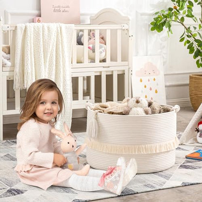 KAKAMAY Large Blanket Basket (20"x13"),Woven Baskets for storage Baby Laundry Hamper, Cotton Rope Blanket Basket for Living Room, Laundry, Nursery, Pillows, Baby Toy chest (White) - color: White