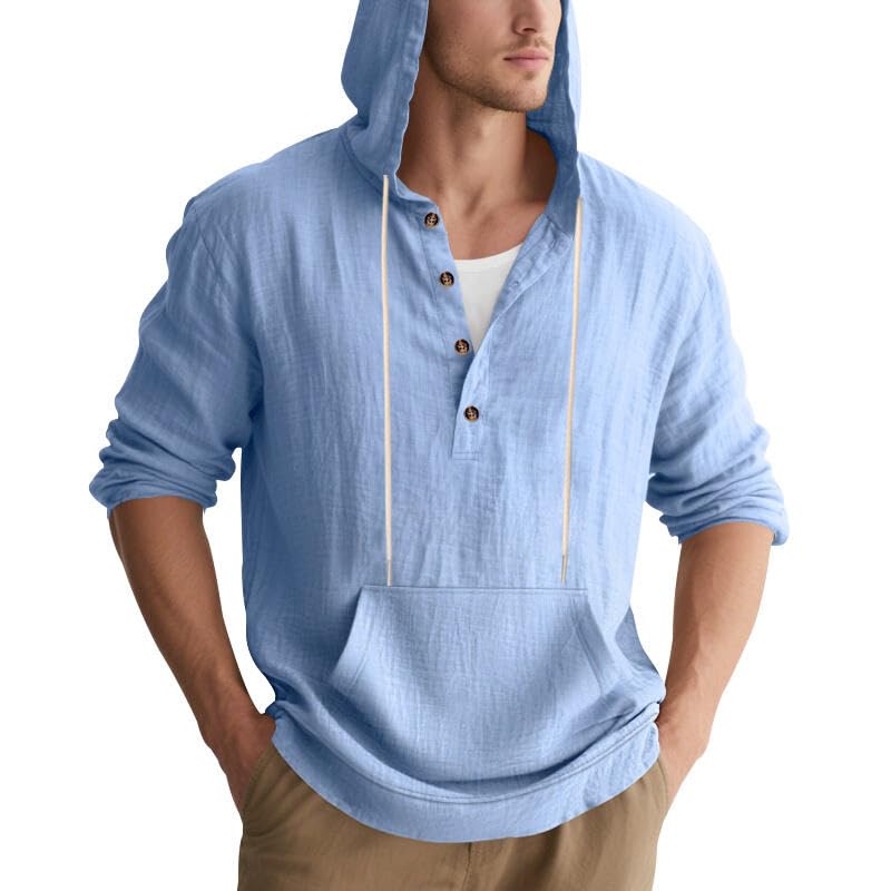 Men's Linen Hoodie Lightweight Hawaiian Shirt Casual Beach Shirt with Pockets - color: Light Blue