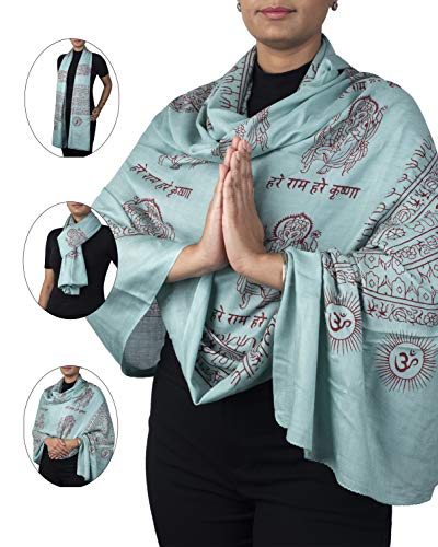 Yoga Scarf Meditation Shawl Large Wrap Hindu Prayer Stole OM Ganesha print - color: Turquoise