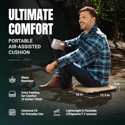 Inflatable Seat Cushion – Stadium, Airplane & Travel Comfort - 2 Inch Thick Self-Inflating Foam, Perfect for Bleachers, Camping, Office, Car - Includes Travel Bag and Carabiner