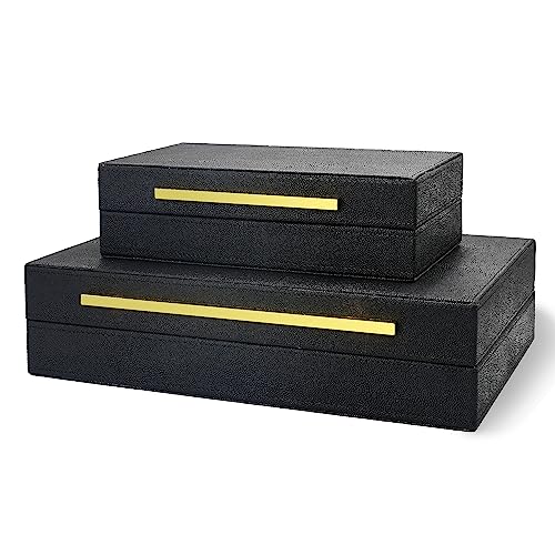 Modern Decorative Box Faux Shagreen Leather, Decorative Storage Boxes with Lids for Home Decor, Large Multifunctional Storage Jewelry Box Organizer - color: Black 2PSC