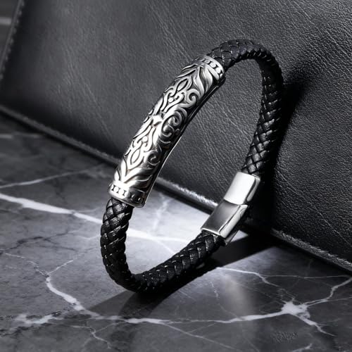Men's Leather Bracelet, Stackable Stainless Steel Clasp Bracelets for Men Stylish Birthday, Thanksgiving, Valentine's Day Gift for My Man - style: 8.6"
