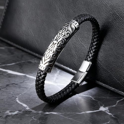 Men's Leather Bracelet, Stackable Stainless Steel Clasp Bracelets for Men Stylish Birthday, Thanksgiving, Valentine's Day Gift for My Man - style: 8.6"