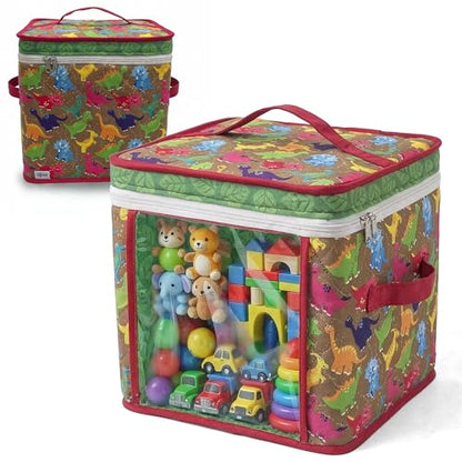 12" Soft Side Zipper Toy Storage Bag, Quilt Pattern Cloth Cube, Reusable,Clear Bag, Playroom, Bedroom & Puzzles Board Game Organizers And Storage Bin, Dinosaurs & Leaves Design - color: Dinosaur
