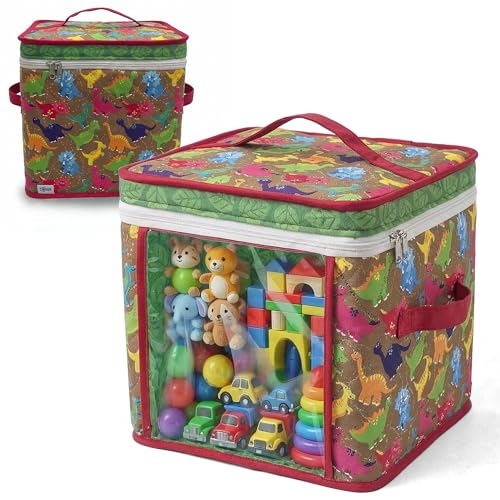 12" Soft Side Zipper Toy Storage Bag, Quilt Pattern Cloth Cube, Reusable,Clear Bag, Playroom, Bedroom & Puzzles Board Game Organizers And Storage Bin, Dinosaurs & Leaves Design - color: Dinosaur
