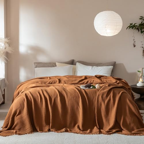 Muslin Fringe Blanket for Adults 100% Cotton 4-Layer Gauze Cloud Soft Breathable Lightweight All Season Throw Blanket for Bed Couch Sofa Office (Dark Orange, Queen 90" × 90") - color: Dark Orange, size: Queen (90" × 90")