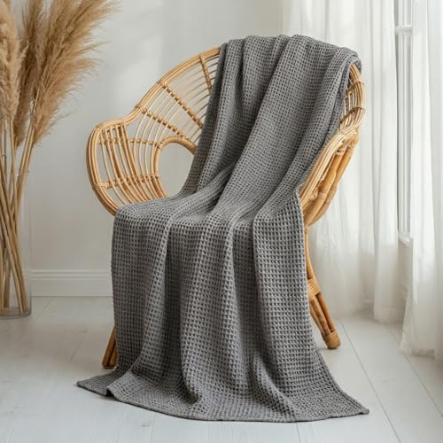 patdrea Designer Grey Plaid 100% Cotton Fluffy Throw Blanket for Couch,Cozy Warm and Soft Rectangular Waffle Weave Bed Blanket King Size,Home Decor Blankets & Throws for All Seasons 91"×83" - color: Rainy, size: 91"×83"